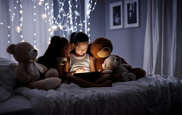 A parent reading a bedtime story to their child in a dimly lit bedroom. The child is snuggled under the covers, listening attentively.