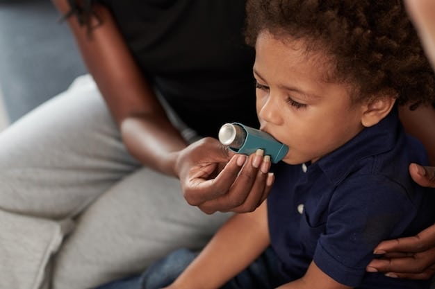 A child experiencing difficulty breathing, with a concerned parent nearby, administering an inhaler. Focus on the emotional aspect of the scene, highlighting the challenge of managing asthma.