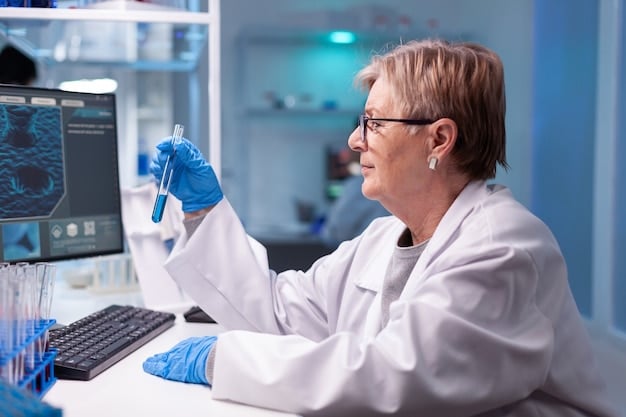 A research scientist in a laboratory setting, analyzing data related to biologic therapies for asthma. The focus is on the scientific advancements and hope for future treatments.