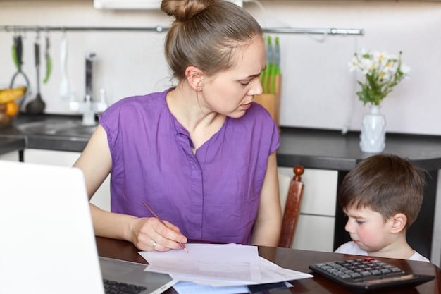 A parent meticulously organizing childcare receipts and financial documents on a desk, with a calculator and tax form visible.