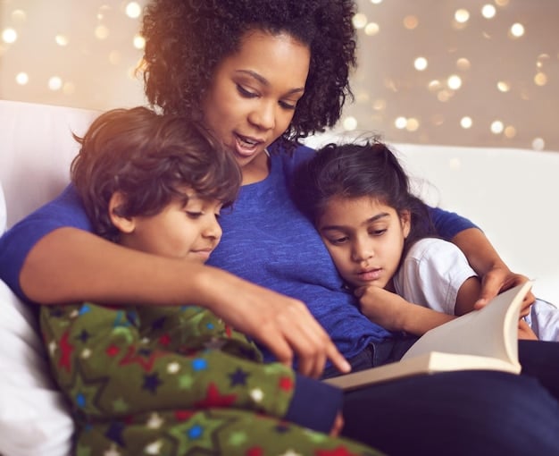 A close-up shot of a nanny and two young children laughing together while reading a book on a colorful rug. The children appear engaged and happy, highlighting the personal connection fostered in a nanny share.