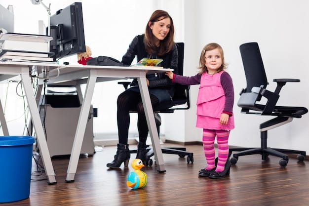 A professional woman smiling as she drops off her child at an employer-sponsored childcare center, demonstrating work-life balance.