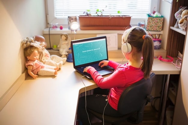 A parent sitting at a desk, looking at a computer screen displaying information about childcare subsidy programs. They're holding a calculator and have various documents related to income and family size spread out on the desk.