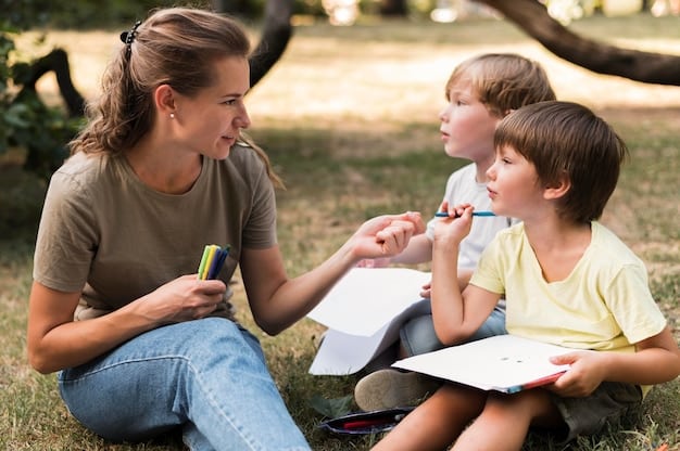 A daycare teacher talking to a parent during pick-up time, sharing information about the child's day. The image should convey a sense of trust and open communication.