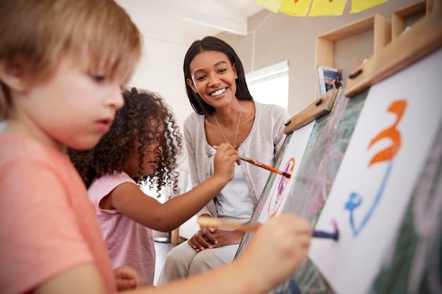 A child proudly displaying a drawing to their teacher in a preschool setting. The teacher is smiling and giving positive feedback.