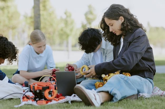 A child fully engrossed in building a robot at a STEM-focused summer camp, with various tools and components scattered around the workspace. The child is wearing safety glasses and smiling, indicating their enthusiasm for the activity.