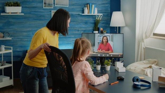 A working mother on a video call, simultaneously caring for her young child. The scene depicts the challenge of balancing work and childcare during the pandemic, with the mother looking stressed but determined.