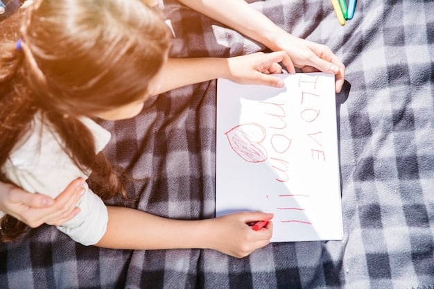 A close-up, heartwarming image of a US parent reading a picture book about childcare to their young child. The child is looking at the book with interest, and the parent is pointing to the illustrations. The scene is cozy and inviting, emphasizing the storytelling aspect of communication.