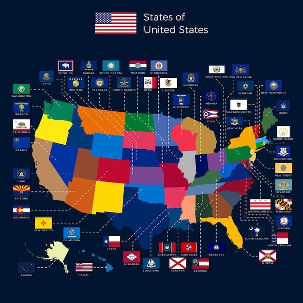 A visual representation of a map of the United States, with each state highlighted in a different color to signify varying childcare regulations. The map also includes small icons representing childcare facilities.