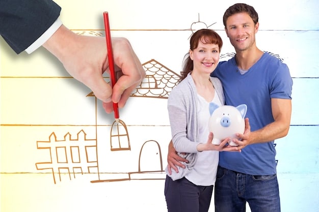 A family smiling and holding hands, with a stylized graphic overlay of coins and a house, representing financial stability and a supportive home environment for a child with special needs.
