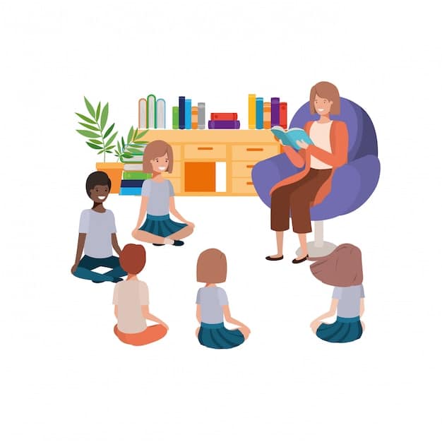 A caregiver sitting on the floor, reading a book to a small group of captivated children. The children are listening attentively and engaging with the story.