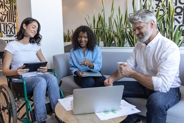 A diverse group of people, including a person with disabilities, sitting around a table discussing financial plans with a financial advisor. The atmosphere is collaborative and supportive.