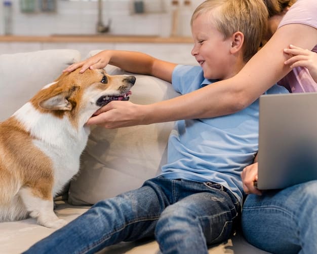 A child with autism interacting with a therapy dog, petting it gently while smiling. The dog is calm and attentive, and the background shows a comfortable therapy room.
