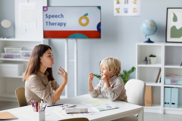 A snapshot of a speech therapist working with a child with Down syndrome, focusing on articulation exercises using visual aids. The atmosphere is supportive and encouraging.