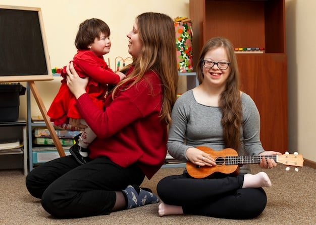 A picture showing a group of children with Down syndrome participating in a music therapy session. They are playing instruments and singing, with smiles on their faces, reflecting joy and engagement.