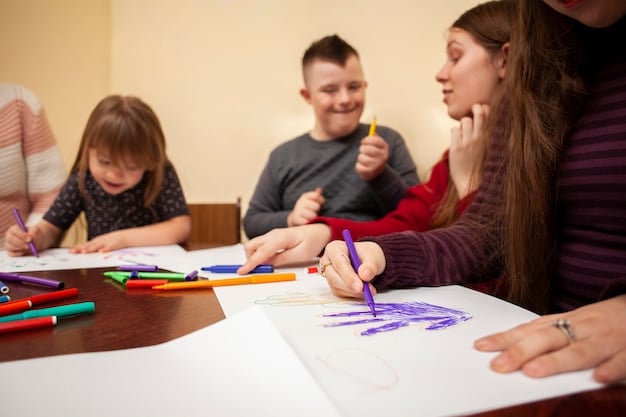 A supportive family gathered around a table, collaboratively creating a visual timeline of transition goals for their special needs teen, using colorful markers and encouraging expressions.