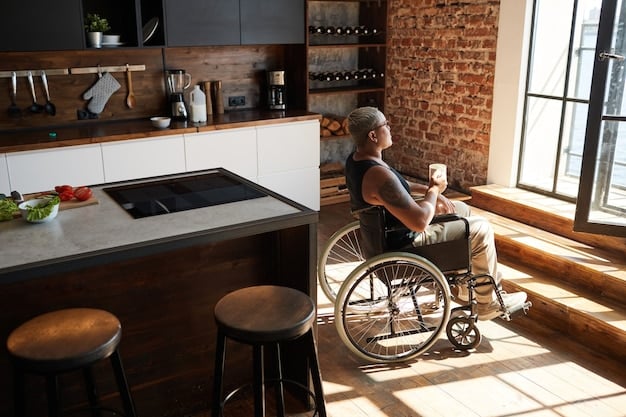 A brightly lit, accessible kitchen in a supported living apartment, showcasing adaptive tools and appliances that promote independence for individuals with disabilities.