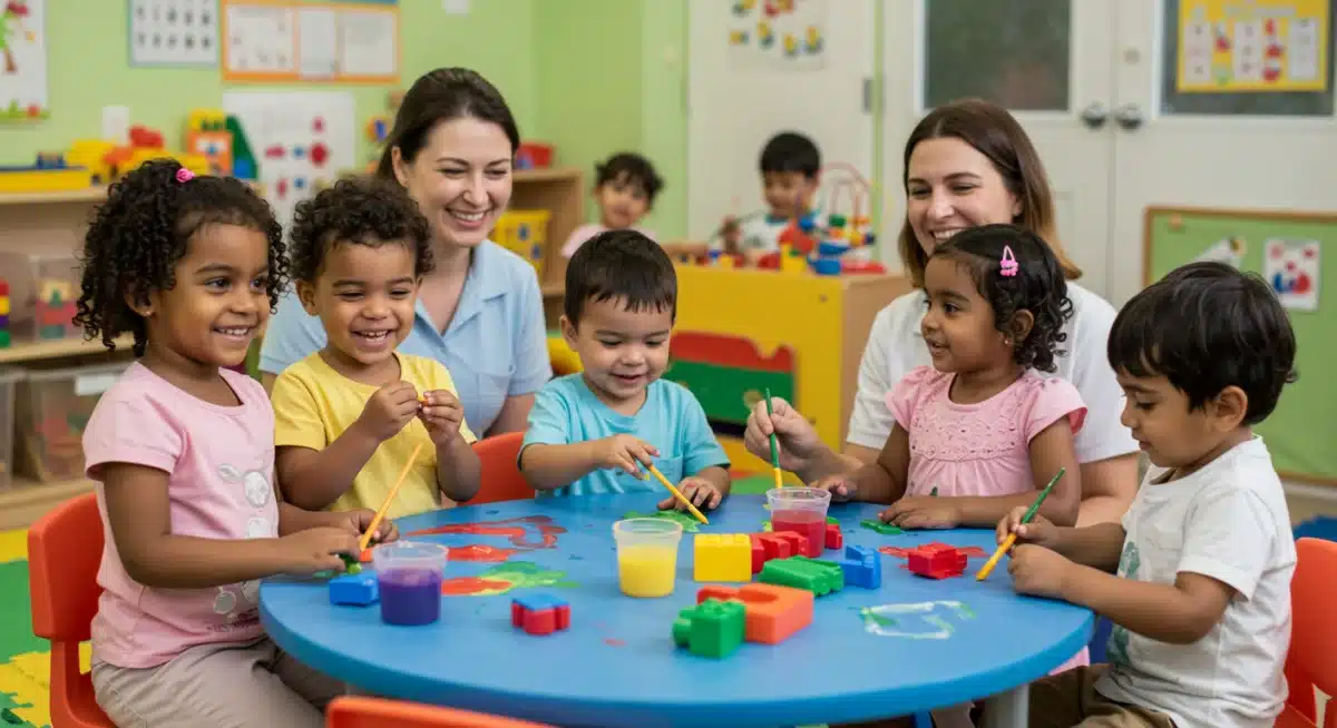 Children engaged in creative play with caregivers at a childcare center