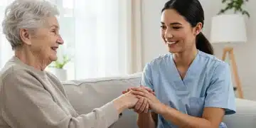 Caregiver and elderly person sharing a warm, supportive moment