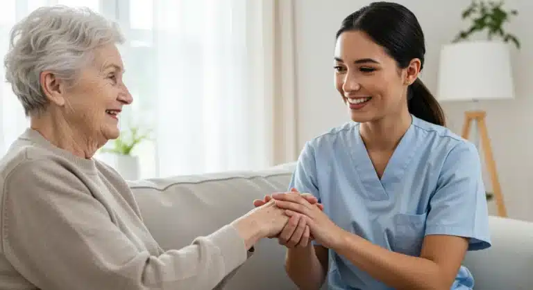 Caregiver and elderly person sharing a warm, supportive moment