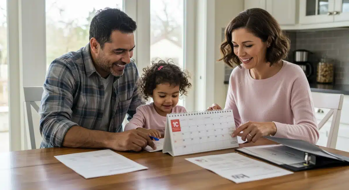 Family reviewing calendar for childcare enrollment deadlines.