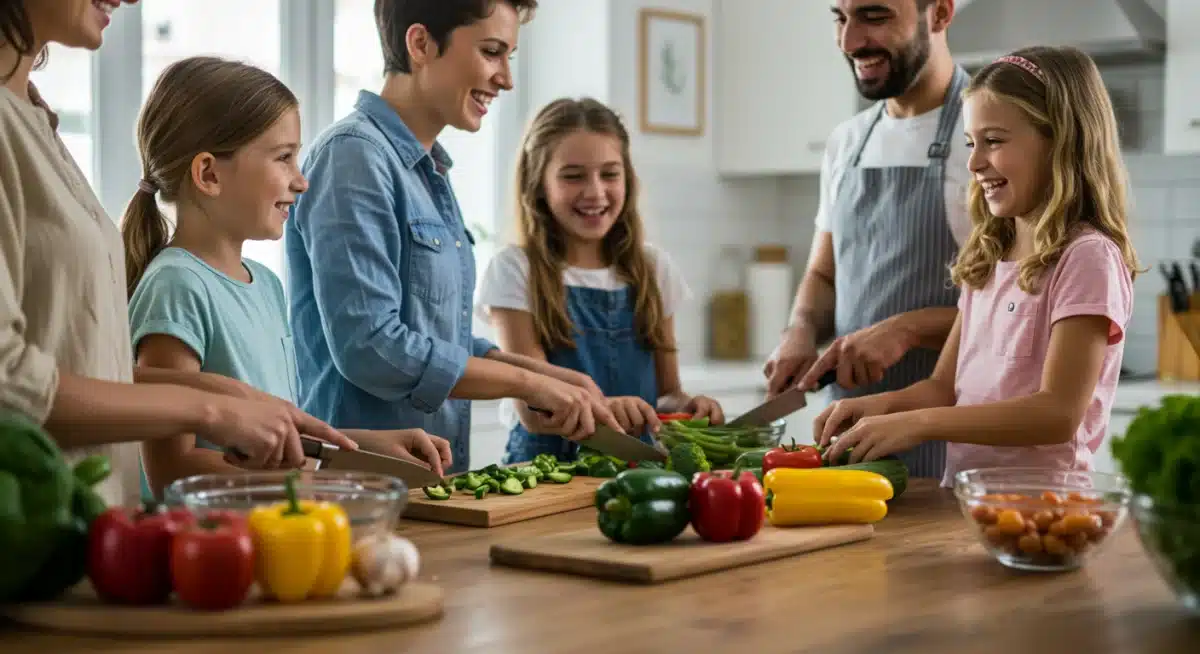 Family cooking healthy meal together, emphasizing teamwork and mindful eating.