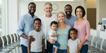 Diverse family smiling in clinic waiting room, symbolizing proactive health