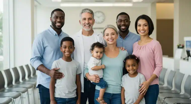 Diverse family smiling in clinic waiting room, symbolizing proactive health