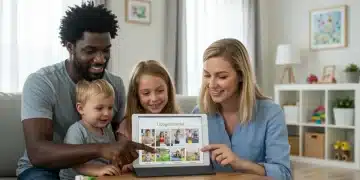 Family researching childcare options on a tablet in their living room