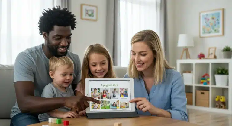 Family researching childcare options on a tablet in their living room