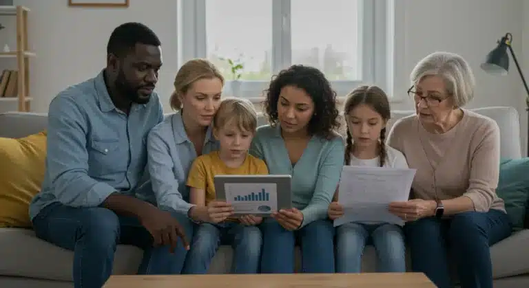 Family reviewing 2025 health insurance documents on tablet