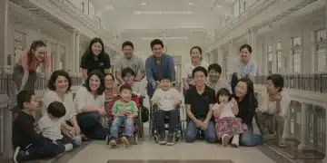Diverse group of children and caregivers in an inclusive community setting, symbolizing federal grant impact on special needs care.