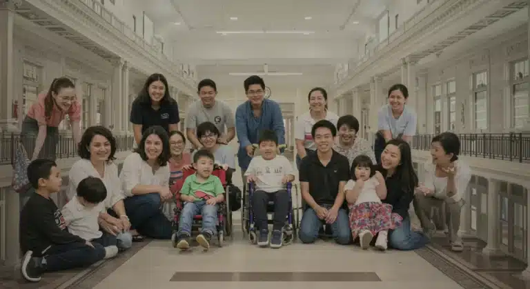 Diverse group of children and caregivers in an inclusive community setting, symbolizing federal grant impact on special needs care.