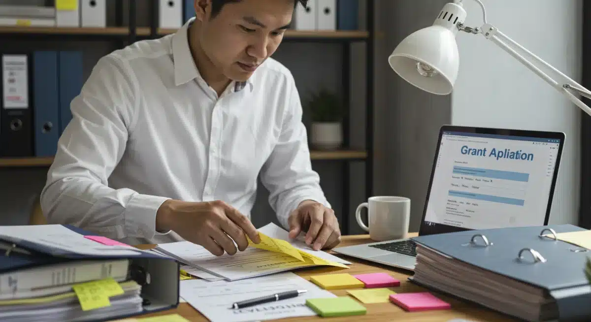 Person organizing documents and laptop for detailed grant application process.