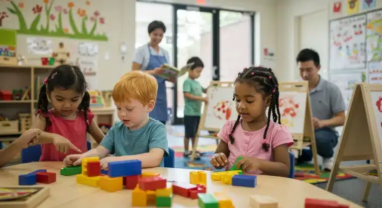 Happy children playing and learning in a modern childcare center.