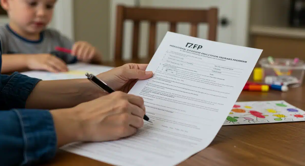 Parent carefully reviewing an Individualized Education Program document at home