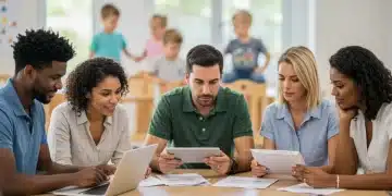 Parents researching childcare options on a tablet and laptop, ensuring child safety and quality care.