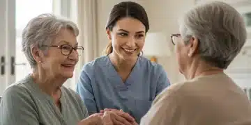 Caregiver receiving support from a respite care worker in a home setting