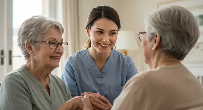 Caregiver receiving support from a respite care worker in a home setting