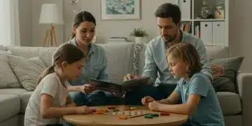 Family enjoying quiet time together in a peaceful living room, promoting stress reduction and resilience.
