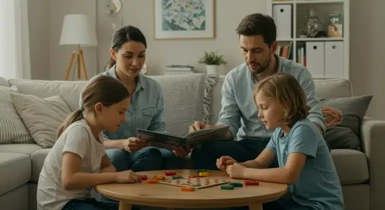 Family enjoying quiet time together in a peaceful living room, promoting stress reduction and resilience.