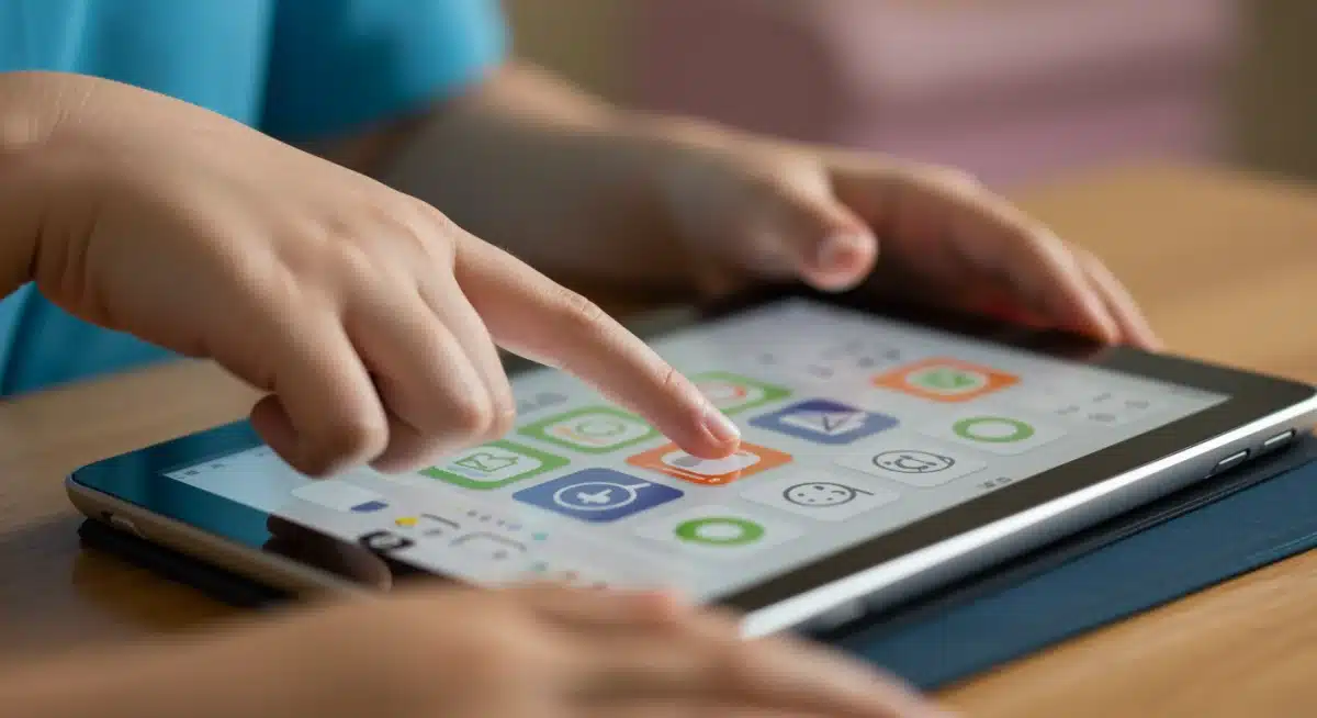 Hand interacting with a tablet-based AAC device showing communication symbols.