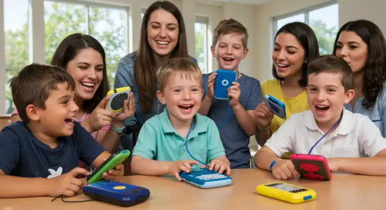 Children and adults engaging with assistive communication devices.
