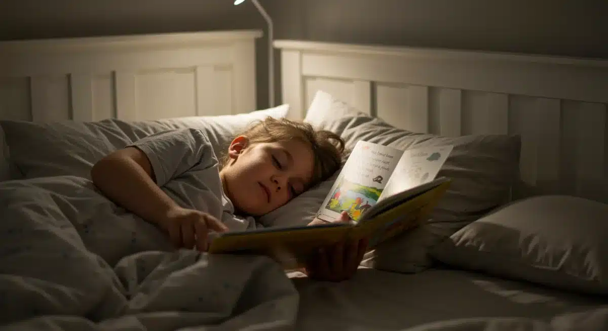 Parent reading bedtime story to child, promoting relaxation