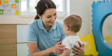 Caregiver engaging with child with special needs in a supportive respite care environment