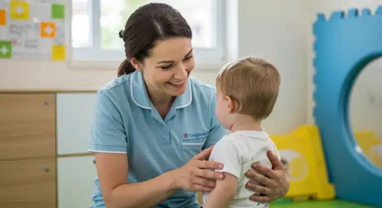 Caregiver engaging with child with special needs in a supportive respite care environment