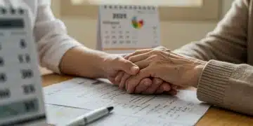 Caregiver holding elderly hand with financial documents, 2025 calendar overlay