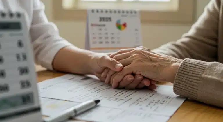 Caregiver holding elderly hand with financial documents, 2025 calendar overlay