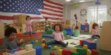 Children playing happily in a modern childcare facility, symbolizing federal support for early education in the US.