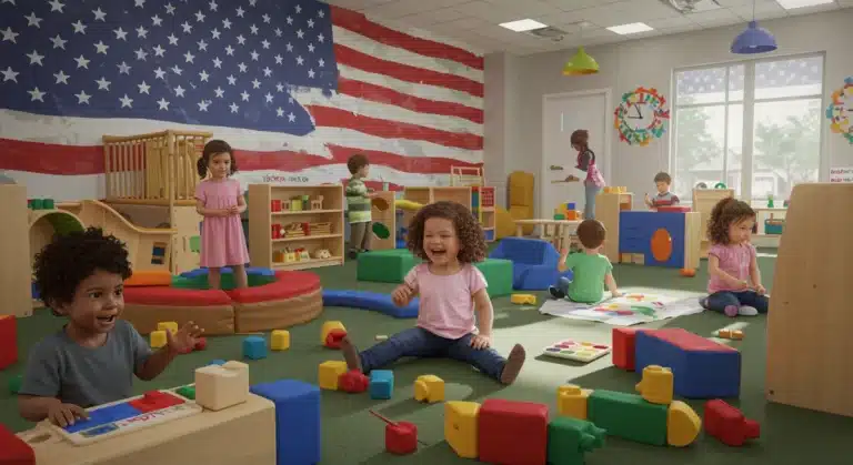 Children playing happily in a modern childcare facility, symbolizing federal support for early education in the US.